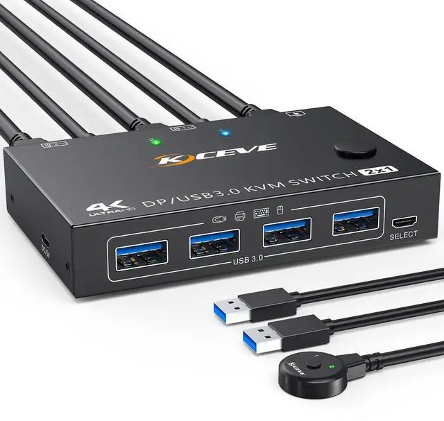 Main image of KVM Switch 2 Computers 1 Monitor Displayport, USB 3.0 KVM Switch Displayport 4K@144Hz for 2 Computer Share 1 Monitor and 4 USB Devices, with Wired Remote