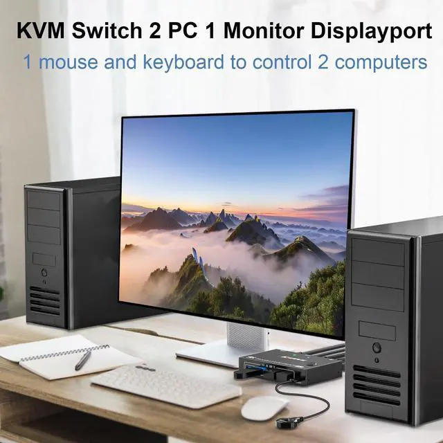 Alt view image 3 of 7 - KVM Switch 2 Computers 1 Monitor Displayport, USB 3.0 KVM Switch Displayport 4K@144Hz for 2 Computer Share 1 Monitor and 4 USB Devices, with Wired Remote