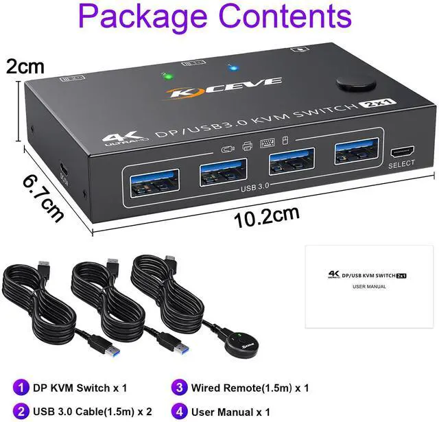 Alt view image 7 of 7 - KVM Switch 2 Computers 1 Monitor Displayport, USB 3.0 KVM Switch Displayport 4K@144Hz for 2 Computer Share 1 Monitor and 4 USB Devices, with Wired Remote