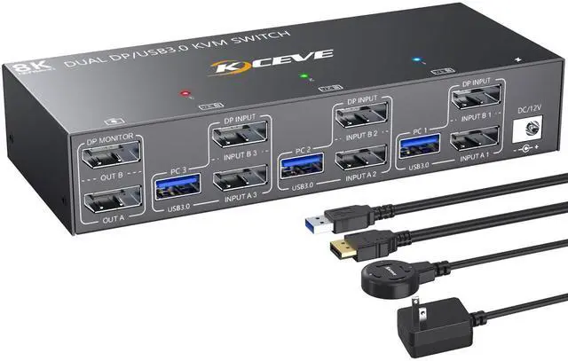 Main image of KVM Switch 2 Monitors 3 Computers 4K@144Hz, Displayport KVM Switch Dual Monitor for 3 Computer Share 2 Monitor and 4 USB 3.0 Devices, with Wired Remote, Power Adapter