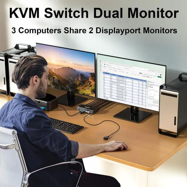 Alt view image 2 of 7 - KVM Switch 2 Monitors 3 Computers 4K@144Hz, Displayport KVM Switch Dual Monitor for 3 Computer Share 2 Monitor and 4 USB 3.0 Devices, with Wired Remote, Power Adapter
