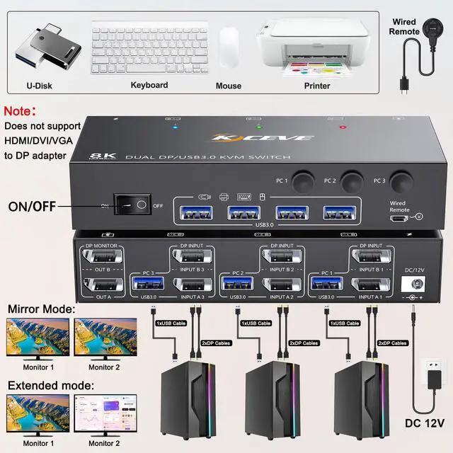 Alt view image 3 of 7 - KVM Switch 2 Monitors 3 Computers 4K@144Hz, Displayport KVM Switch Dual Monitor for 3 Computer Share 2 Monitor and 4 USB 3.0 Devices, with Wired Remote, Power Adapter