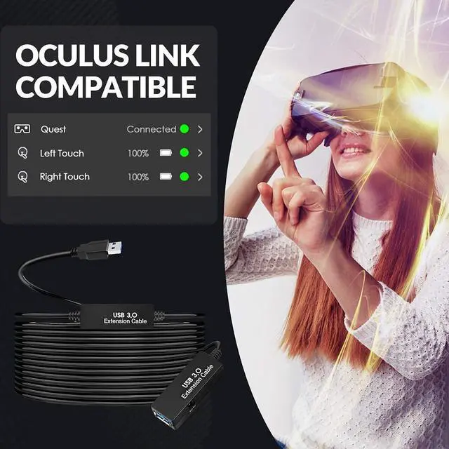 Alt view image 6 of 7 - 50FT USB 3.0 Extension Cable,Active Type A-Male to A-Female Extender Cord, 2 Signal Boosters,Compatible Oculus Quest 2/3 VR,Printer, Webcam,Xbox, PS4 and More,