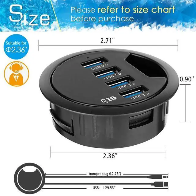 Alt view image 2 of 7 - Vszerda Grommet Hole in Desk USB 3.0 4 Port Hub/BC 1.2 USB Charger, for iPad/Tablet and iPhone/Smart Phones
