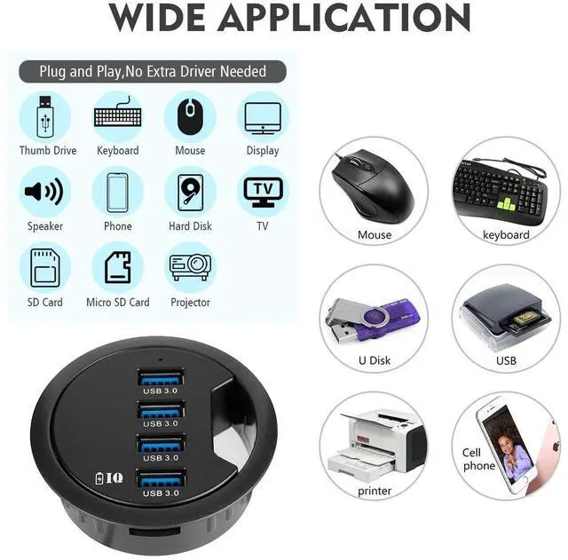 Alt view image 3 of 7 - Vszerda Grommet Hole in Desk USB 3.0 4 Port Hub/BC 1.2 USB Charger, for iPad/Tablet and iPhone/Smart Phones