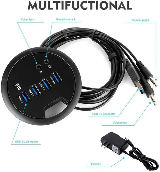 Alt view image 3 of 7 - Vszerda Desk-Fit (Diameter 3.14" or 80MM) 4 Port USB 3.0 Hub with 3.5mm Audio Mic Phone Jack/BC 1.2 USB Charger, 5V/2A Power Adapter for iPhone/Smart Phones(usb3.0 4 Port)(AC Power Supply Included)