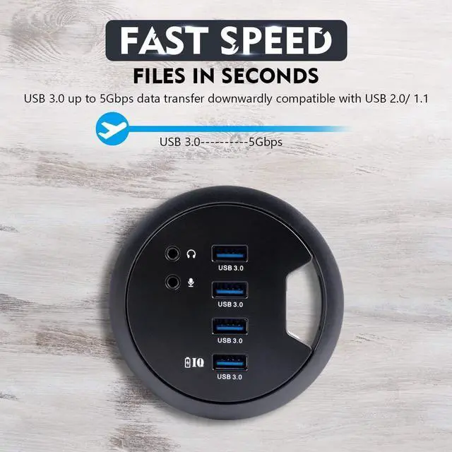Alt view image 5 of 7 - Vszerda Desk-Fit (Diameter 3.14" or 80MM) 4 Port USB 3.0 Hub with 3.5mm Audio Mic Phone Jack/BC 1.2 USB Charger, 5V/2A Power Adapter for iPhone/Smart Phones(usb3.0 4 Port)(AC Power Supply Included)