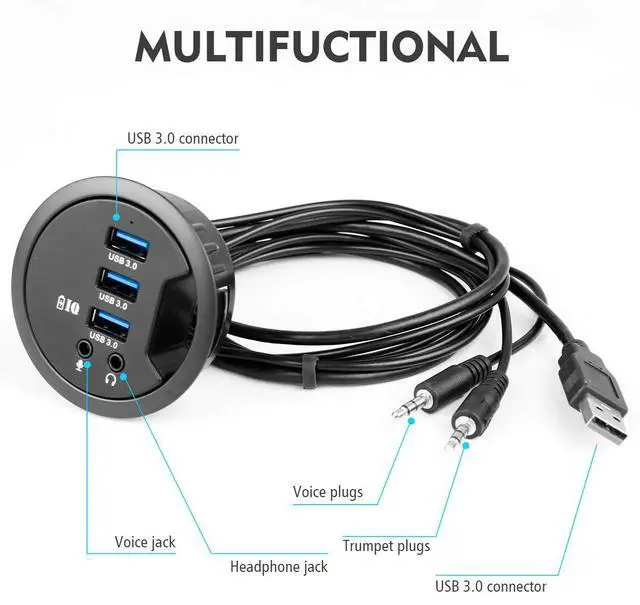 Alt view image 4 of 7 - Vszerda Grommet Hole in Desk USB 3.0 3 Port Hub BC 1.2 USB Charger with 3.5mm Sound Card Mic Phone Jack, for iPhone/Smart Phones