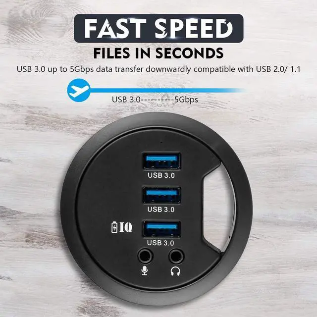 Alt view image 3 of 7 - Vszerda Grommet Hole in Desk USB 3.0 3 Port Hub BC 1.2 USB Charger with 3.5mm Sound Card Mic Phone Jack, for iPhone/Smart Phones