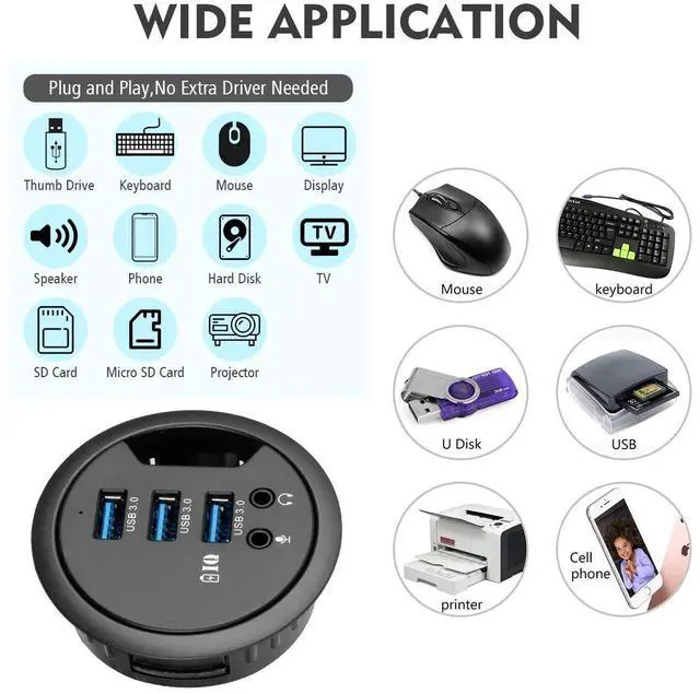 Alt view image 7 of 7 - Vszerda Grommet Hole in Desk USB 3.0 3 Port Hub BC 1.2 USB Charger with 3.5mm Sound Card Mic Phone Jack, for iPhone/Smart Phones