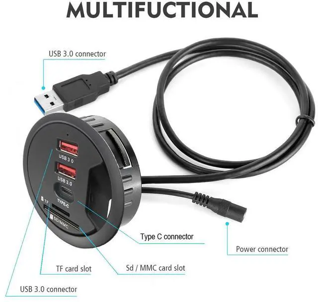 Alt view image 3 of 6 - Grommet Desk-Fit USB 3.0 Hub (Diameter 2.36" or 60MM) 2 Port Type-A and 1 Port Type-C with SD/TF Card Reader,Compatible Charging and Data Transmission,