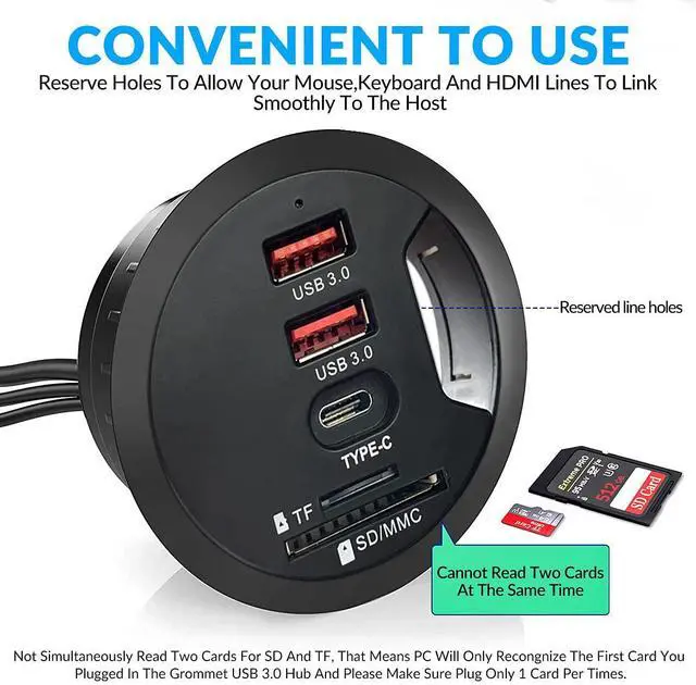 Alt view image 4 of 6 - Grommet Desk-Fit USB 3.0 Hub (Diameter 2.36" or 60MM) 2 Port Type-A and 1 Port Type-C with SD/TF Card Reader,Compatible Charging and Data Transmission,