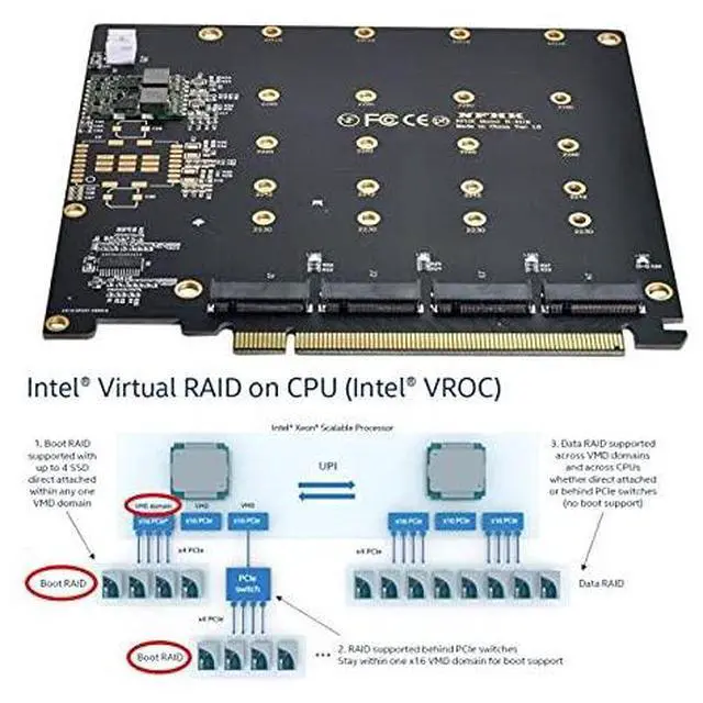 Alt view image 4 of 7 - Vszerda 4X NVME M.2 AHCI to PCI-E Express 3.0 Gen3 X16 Raid Card with Fan VROC Raid0 Hyper Adapter