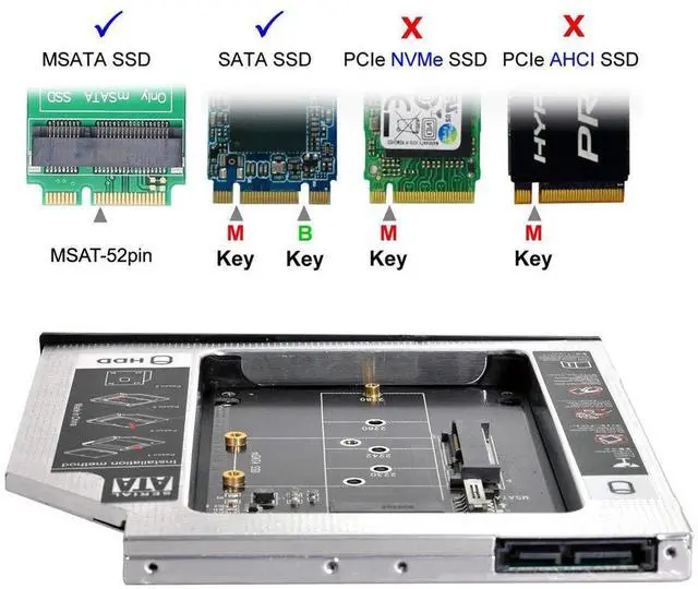 Alt view image 4 of 6 - Vszerda MSATA NGFF B/M-Key SSD to Slimline SATA 13Pin Caddy Case for 9.5mm Universal Laptop CD/DVD-ROM Optical Bay