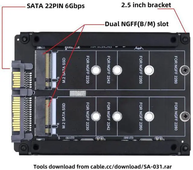 Alt view image 3 of 7 - Vszerda Dual NGFF B+M Key M.2 SSD Card JOBD Raid0 Span Bridge to 2.5inch SATA Combo HDD Disk Drive Enclosure
