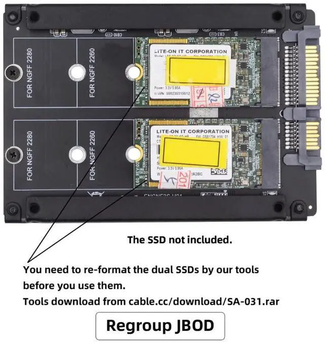 Alt view image 5 of 7 - Vszerda Dual NGFF B+M Key M.2 SSD Card JOBD Raid0 Span Bridge to 2.5inch SATA Combo HDD Disk Drive Enclosure