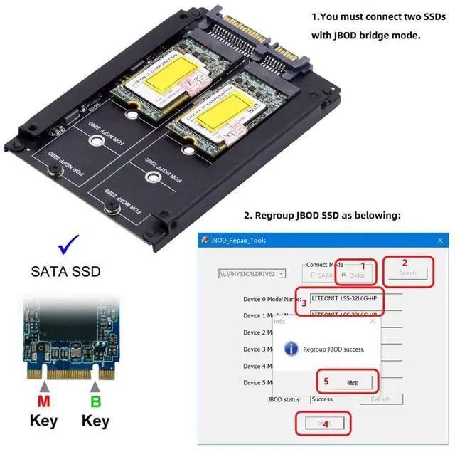 Alt view image 6 of 7 - Vszerda Dual NGFF B+M Key M.2 SSD Card JOBD Raid0 Span Bridge to 2.5inch SATA Combo HDD Disk Drive Enclosure