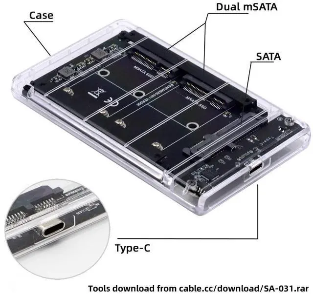Alt view image 5 of 7 - Vszerda Dual MSATA Mini-SATA SSD Card JOBD Raid0 Span Bridge to USB3.0 Type-C USB-C 2.5inch SATA Combo Enclosure