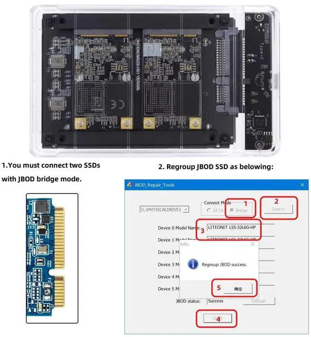 Alt view image 6 of 7 - Vszerda Dual MSATA Mini-SATA SSD Card JOBD Raid0 Span Bridge to USB3.0 Type-C USB-C 2.5inch SATA Combo Enclosure