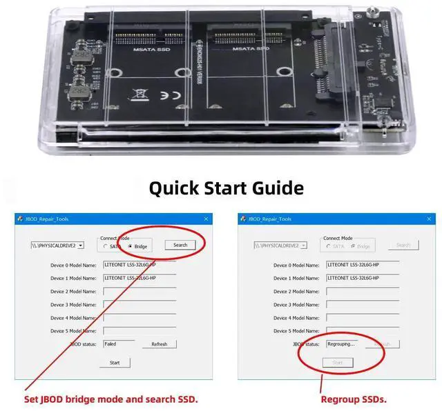 Alt view image 4 of 7 - Vszerda Dual MSATA Mini-SATA SSD Card JOBD Raid0 Span Bridge to USB3.0 Type-C USB-C 2.5inch SATA Combo Enclosure