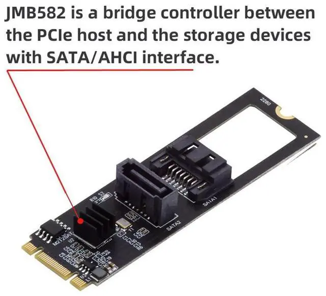 Alt view image 2 of 7 - Vszerda NGFF Key B+M PCI Express to SATA 3.0 6Gbps Dual Ports Vertical Horizontal Adapter Converter Hard Drive Extension Card JMB582 2280