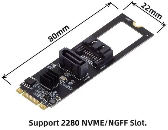 Alt view image 3 of 7 - Vszerda NGFF Key B+M PCI Express to SATA 3.0 6Gbps Dual Ports Vertical Horizontal Adapter Converter Hard Drive Extension Card JMB582 2280