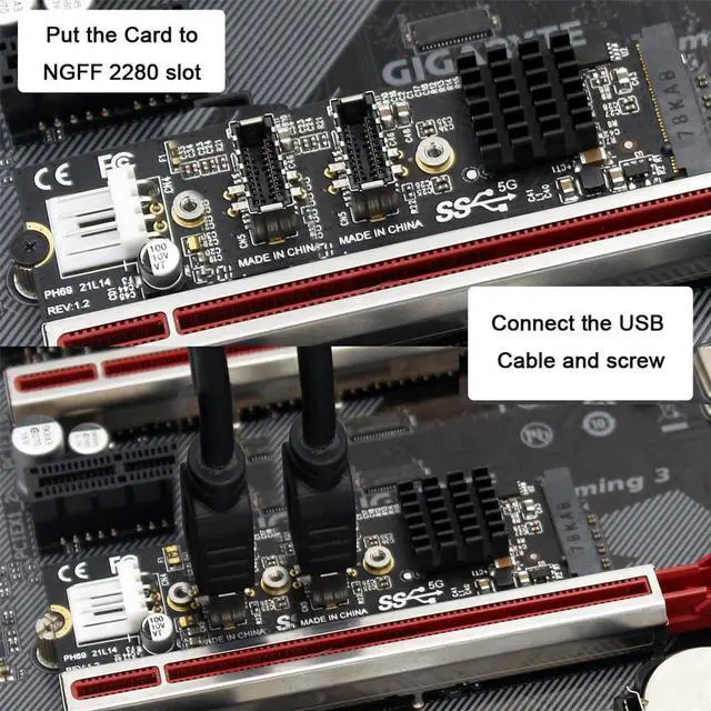 Alt view image 5 of 7 - Vszerda 5Gbps USB 3.1 Type-E to USB 3.0 19/20Pin Dual Ports Splitter HUB, 10Gbps USB 3.1 Type-E Front Panel Socket to NVME NGFF M-Key Express Card Adapter for Motherboard (NVME to USB3.1 Type-E+Type-E