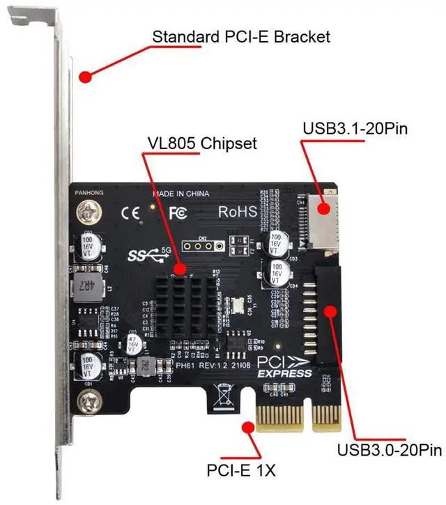 Alt view image 6 of 7 - Vszerda 5Gbps Type-E USB 3.1 Front Panel Socket & USB 3.0 to PCI-E 1X Express Card VL805 Adapter for Motherboard