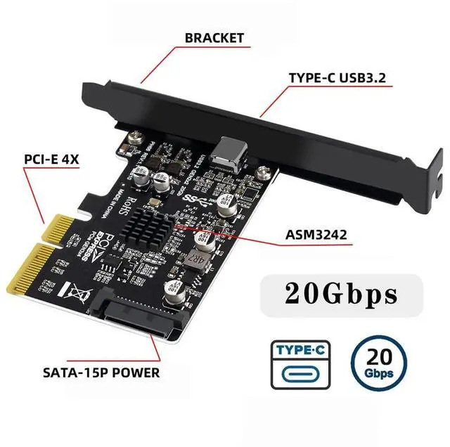 Alt view image 7 of 7 - Vszerda USB 3.2 Gen2 Type-C 20Gbps USB-C to PCI-E 4X Express Card Adapter for Desktop Motherboard