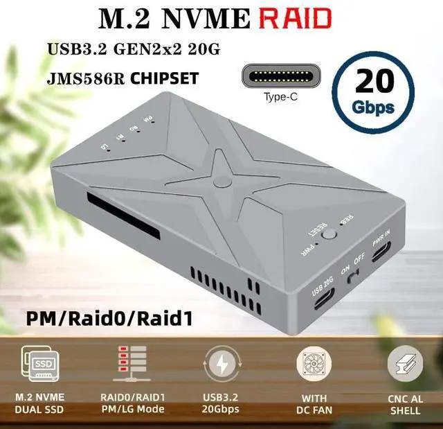 Alt view image 4 of 7 - Vszerda Dual NVME M.2 NGFF M-Key to USB-C Type-C Raid0 Raid1 JOBD Big Enclosure 20Gbps with Fan Raid0 Hyper Adapter