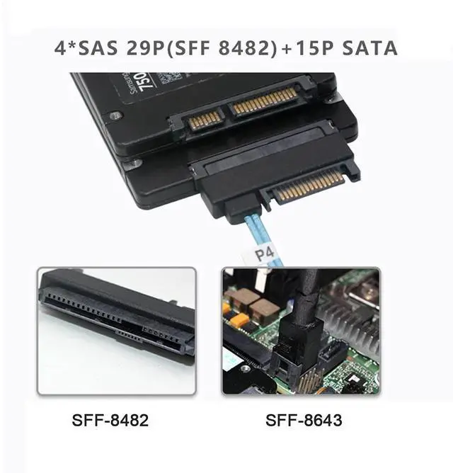 Alt view image 6 of 7 - Vszerda Internal 36 Pin Mini SAS SFF-8087 Host to 4 SFF-8482 Target SAS Hard Disk and SATA Power Cable 50cm