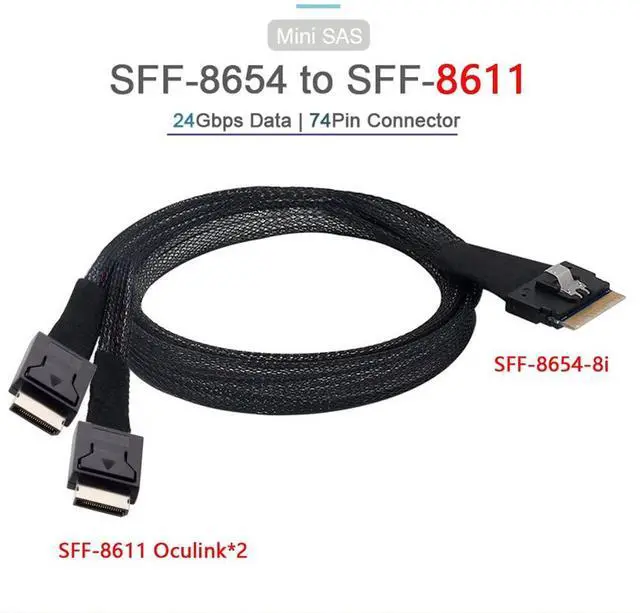 Alt view image 2 of 7 - Vszerda PCI-E Ultraport Slimline SAS Slim 4.0 SFF-8654 8i 74pin to Dual Oculink SFF-8611 Cable 50cm PCI-Express