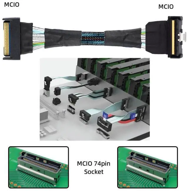 Alt view image 7 of 7 - Vszerda PCI-E 5.0 Mini Cool Edge IO MCIO PCI-E MCIO 74Pin Male to Slimline SAS 8i 74Pin Male Extender Angled Cable 1.15ft