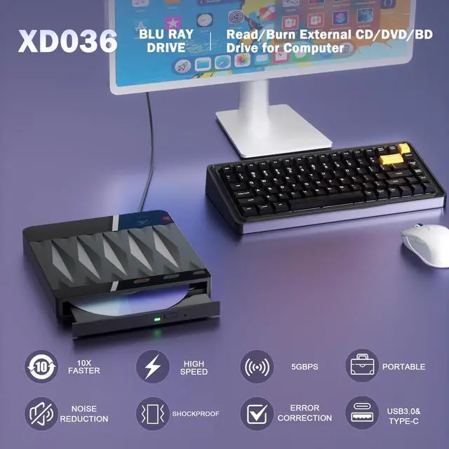 Alt view image 3 of 7 - Vszerda External Blu Ray Drive Support 50G Disc Read/Write, 3D Portable USB 3.0&Type-C External Blueray/DVD Drive for PC, CD/DVD/Blu Ray Burner Suitable for Windows MacOS Linux Laptop Desktop