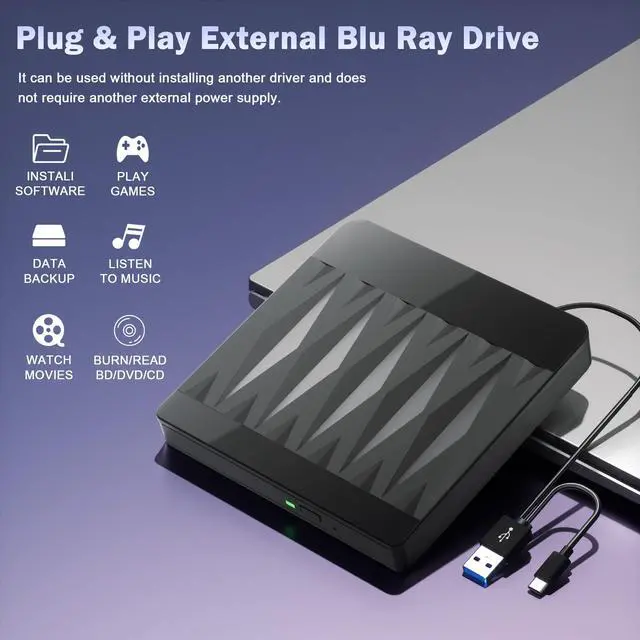Alt view image 5 of 7 - Vszerda External Blu Ray Drive Support 50G Disc Read/Write, 3D Portable USB 3.0&Type-C External Blueray/DVD Drive for PC, CD/DVD/Blu Ray Burner Suitable for Windows MacOS Linux Laptop Desktop