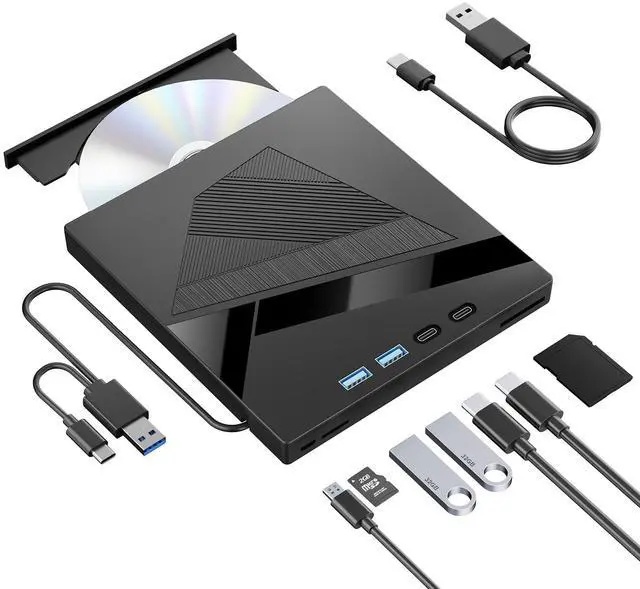 Main image of Vszerda External DVD Drive, 7-in-1 External CD/DVD Drive for Laptop, USB DVD Burner with SD/TF Port, USB 3.0&Type-C CD ROM External Drive for Laptop Desktop PC Windows XP/7/8/10 Linux MacOS