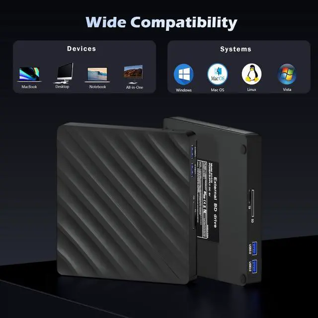 Alt view image 6 of 7 - Vszerda 5 in 1 External Bluray Drive, USB 3.0 Type-C Slim Optical External Bluray DVD Burner with SD/TF Card Reader 2 USB 3.0 Hubs Compatible with Windows XP/7/8/10 MacOS MacBook Laptop and Desktop