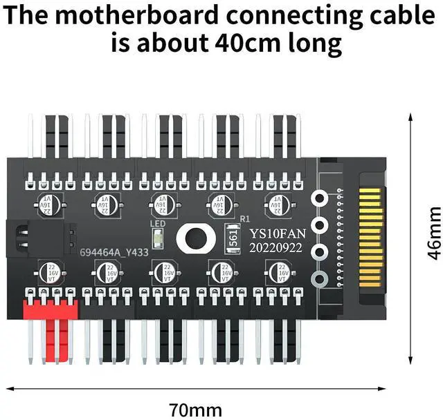 Alt view image 7 of 7 - Vszerda Motherboards 12V 4Pin PWM Fan HUB, 1 to 10 Way Splitter Hub, SATA Powered PC Case Motherboard Fan Power Extension Cable Cord 1 to 10 Way Splitter