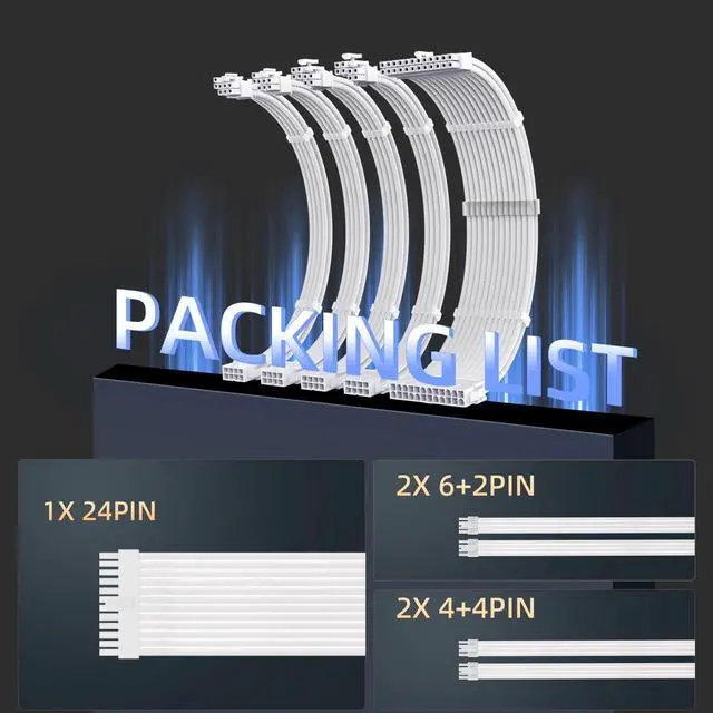 Alt view image 2 of 7 - PSU Cables, 18AWG PSU Cable Extension Kit, 24pin ATX /4+4pin EPS /6+2pin 30CM Length with Cable Combs PCI-E/PC Sleeved Cable for ATX Power Supply (White)