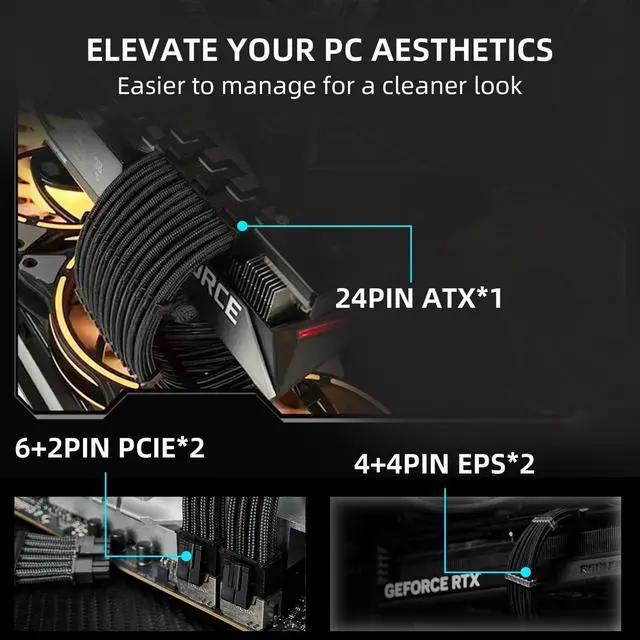 Alt view image 5 of 7 - Vszerda PSU Cables, 18AWG PSU Cable Extension Kit, 24pin ATX /4+4pin EPS /6+2pin 35CM Length with Cable Combs PCI-E/PC Sleeved Cable for ATX Power Supply (Black)