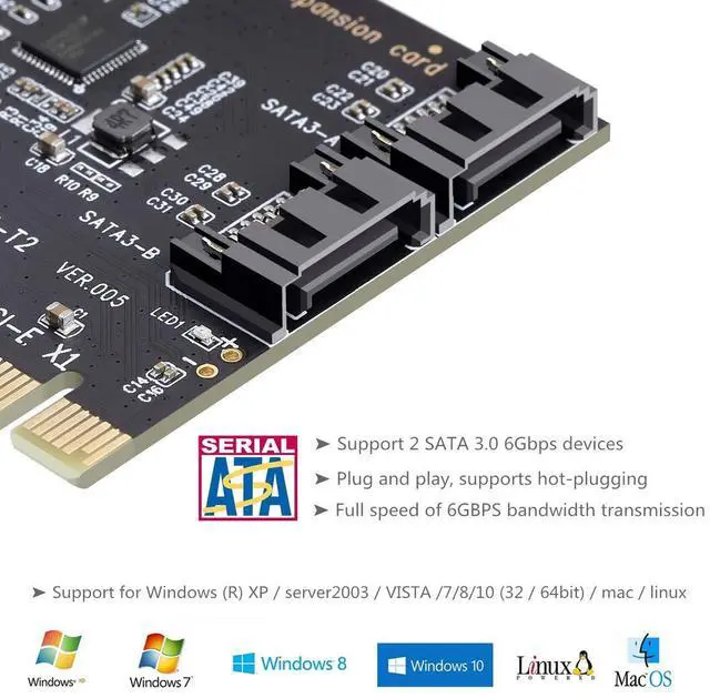 Alt view image 4 of 7 - BUCIER PCI Express 3.0 (2-Port) Controller Card, PCIe to SATA III 6Gb/s Converter, Supports SSD and HDD, Includes Bracket and 2 SATA Cables