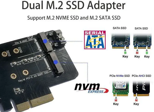 Alt view image 2 of 6 - Vszerda PCIe Adapter for One M.2 NVMe Mkey and One SATA Bkey SSD, PCI-e 4.0 X4 Card Supports NGFF M2 M-Key or B-Key (M+B) SSD of Length 2280,2260,2242,2230, PCIe NVMe Adapter with SATA 3.0 Cable