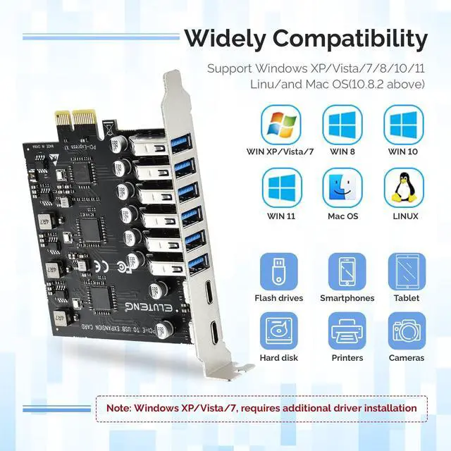 Alt view image 5 of 6 - BUCIER PCIE USB 3.2 Card 8 Ports PCI Expree to USB C Expansion Card Superspeed 6 USB and 2 Type C PCI-e USB3 Hub Controller Adapter 3 Independent Power Module