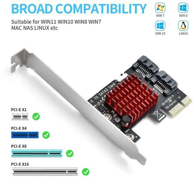 Alt view image 4 of 7 - Vszerda PCIE SATA Expansion Card 2 Port PCIE to SATA Card 6Gbps SATA 3.0 Controller PCI Express X1 Expansion Card with Low Profile Bracket for Desktop PC Support SSD HDD
