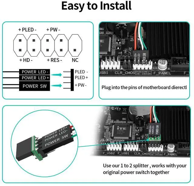 Alt view image 3 of 6 - Vszerda PC Power Button, Desktop Power Button PC External Power Switch ON Off LED PC Power Supply Button SW Extension for Computer Motherboard