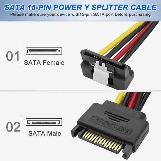Alt view image 2 of 7 - Vszerda SATA 15Pin Power Y Splitter Cable, SATA 15 Pin Male to Dual Female Right Angle Connectors Adapter Power Cable 18AWG for Hard Drive Disks HDD, SSD (2Pack, 20CM)