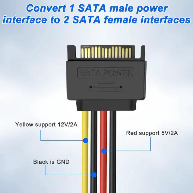 Alt view image 5 of 7 - Vszerda SATA 15Pin Power Y Splitter Cable, SATA 15 Pin Male to Dual Female Right Angle Connectors Adapter Power Cable 18AWG for Hard Drive Disks HDD, SSD (2Pack, 20CM)