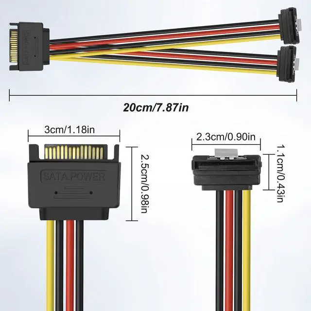 Alt view image 6 of 7 - Vszerda SATA 15Pin Power Y Splitter Cable, SATA 15 Pin Male to Dual Female Right Angle Connectors Adapter Power Cable 18AWG for Hard Drive Disks HDD, SSD (2Pack, 20CM)