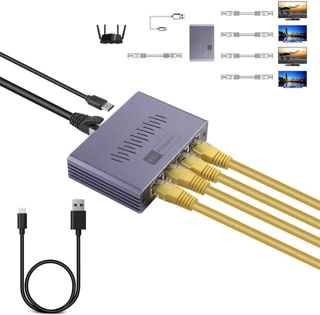 Alt view image 2 of 7 - Gigabit Ethernet Splitter 1 to 4 - Network Splitter with USB Power Cable, RJ45 Internet Splitter Adapter 1000Mbps High Speed for Cat 5/5e/6/7/8 Cable [4 Devices Networked Simultaneously] (ES-1X4)