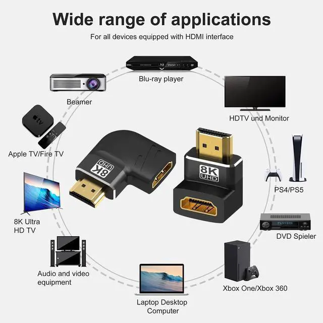 Alt view image 5 of 7 - Vszerda 4 Pack 8K HDMI 2.1 Male to Female Adapter Connector Up Down Left Right Angle 90 270 Degree Gold Plated Support 8K@60Hz,4K@120Hz,HDR,eARC for PC Laptop HDTV Switch PS4 PS5